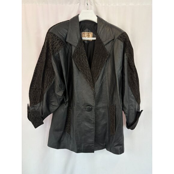 El Venado Mexico Women's Vintage Lined Black Patterned Leather Coat - Picture 1 of 7